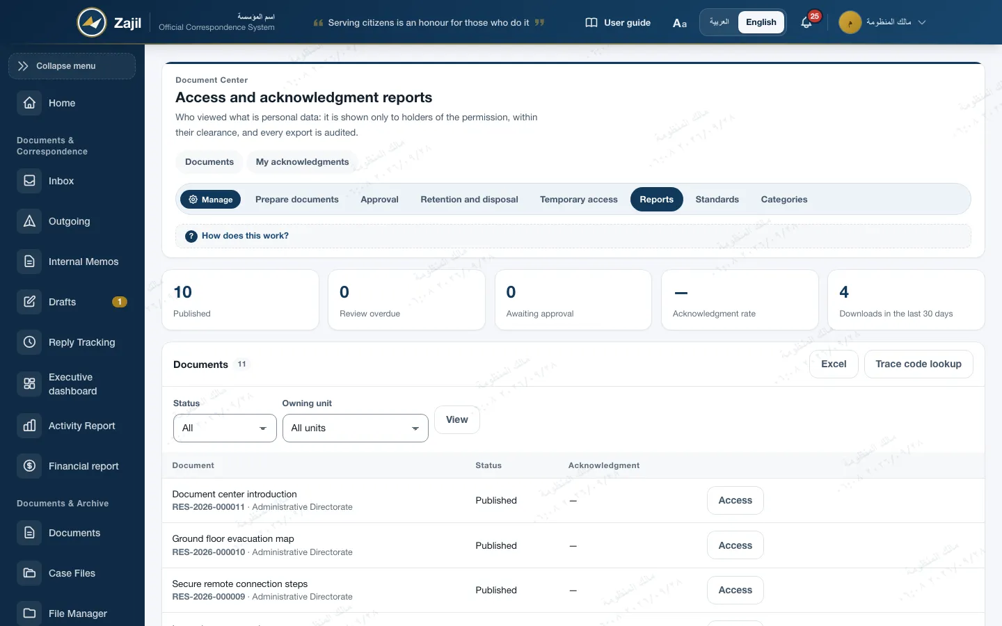 Access and acknowledgement reports in the Document Center: counts of published, review overdue, awaiting approval and acknowledgement rate, the list of documents with status and acknowledgement, Excel export and trace code lookup.